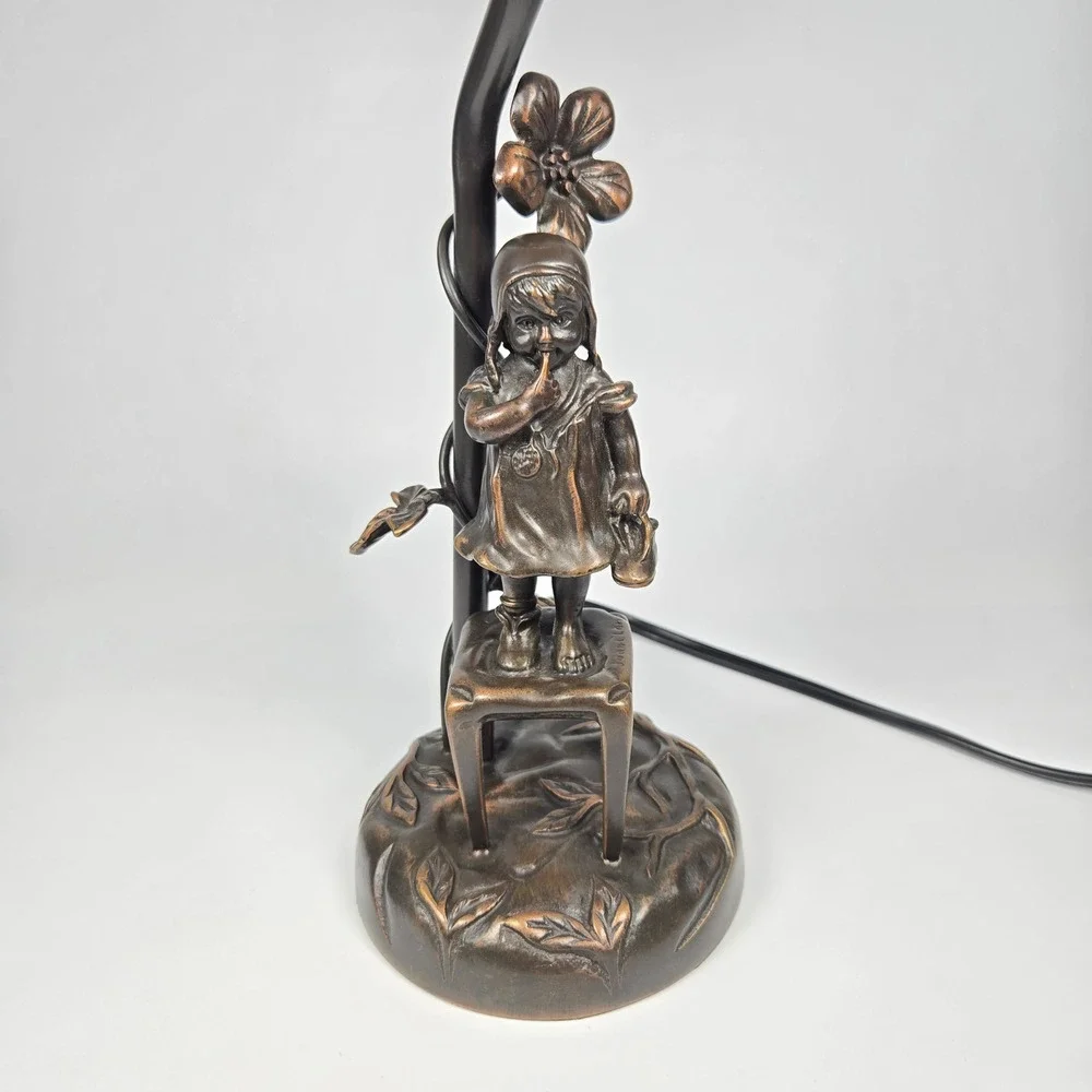 Vintage Juan Clara Bronze Statue Girl on Chair Table Lamp Pink Frost Glass Shade